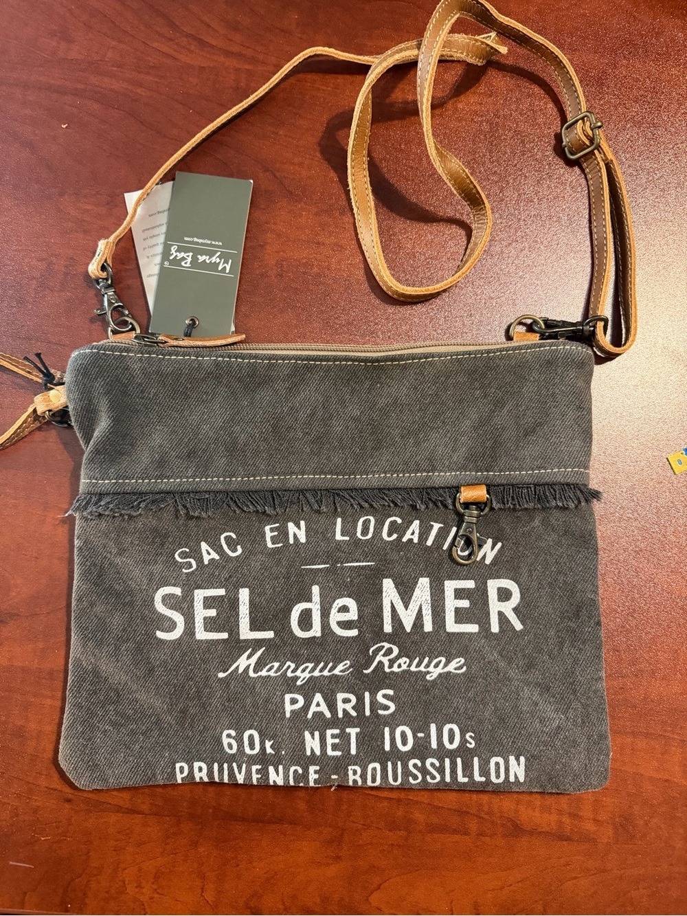 Myra Bag Gray Canvas Crossbody with Tan Strap and White Print